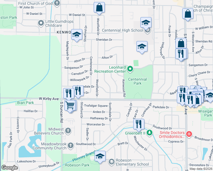map of restaurants, bars, coffee shops, grocery stores, and more near 2508 Lawndale Drive in Champaign