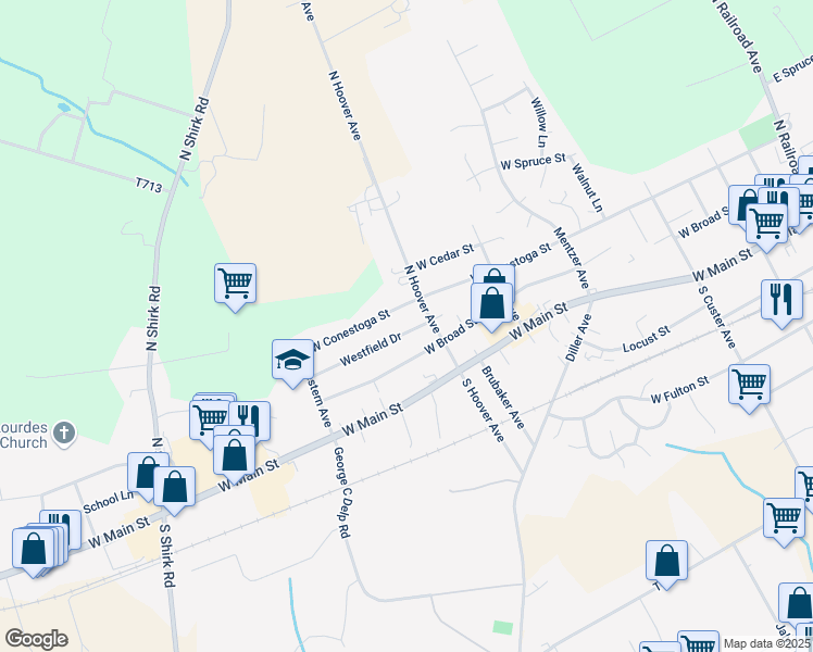 map of restaurants, bars, coffee shops, grocery stores, and more near 519 Westfield Drive in New Holland