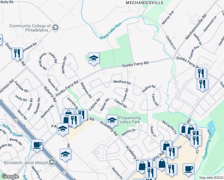 map of restaurants, bars, coffee shops, grocery stores, and more near 12708 Kenny Road in Philadelphia
