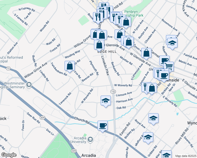 map of restaurants, bars, coffee shops, grocery stores, and more near 511 Plymouth Road in Glenside