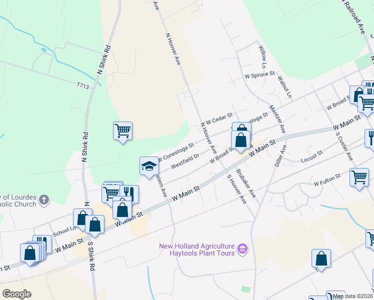 map of restaurants, bars, coffee shops, grocery stores, and more near 536 West Conestoga Street in New Holland