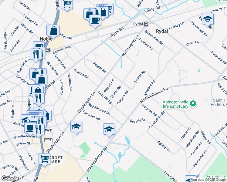 map of restaurants, bars, coffee shops, grocery stores, and more near 832 Winter Road in Rydal