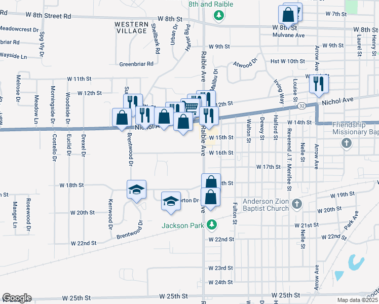 map of restaurants, bars, coffee shops, grocery stores, and more near in Anderson