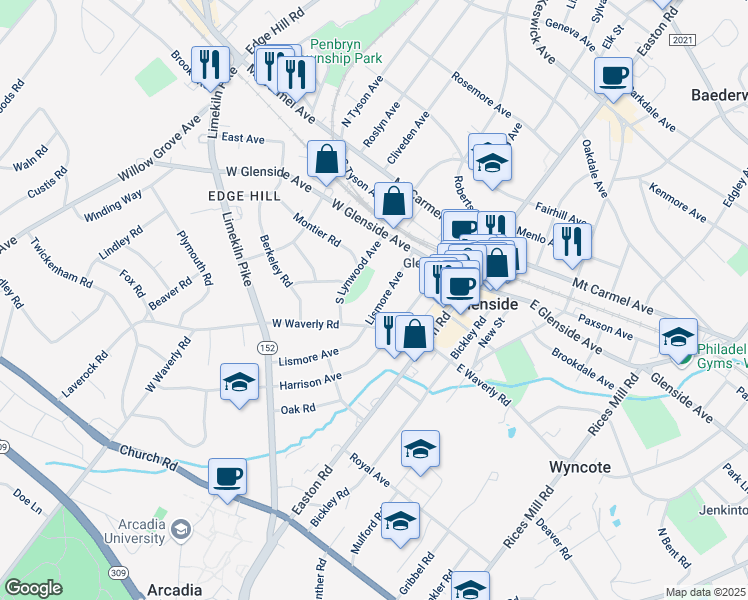 map of restaurants, bars, coffee shops, grocery stores, and more near 171 Lismore Avenue in Glenside