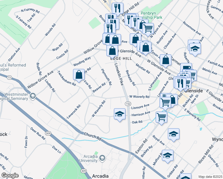 map of restaurants, bars, coffee shops, grocery stores, and more near 511 Plymouth Road in Glenside