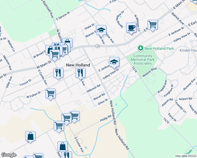 map of restaurants, bars, coffee shops, grocery stores, and more near 322 Brimmer Avenue in New Holland