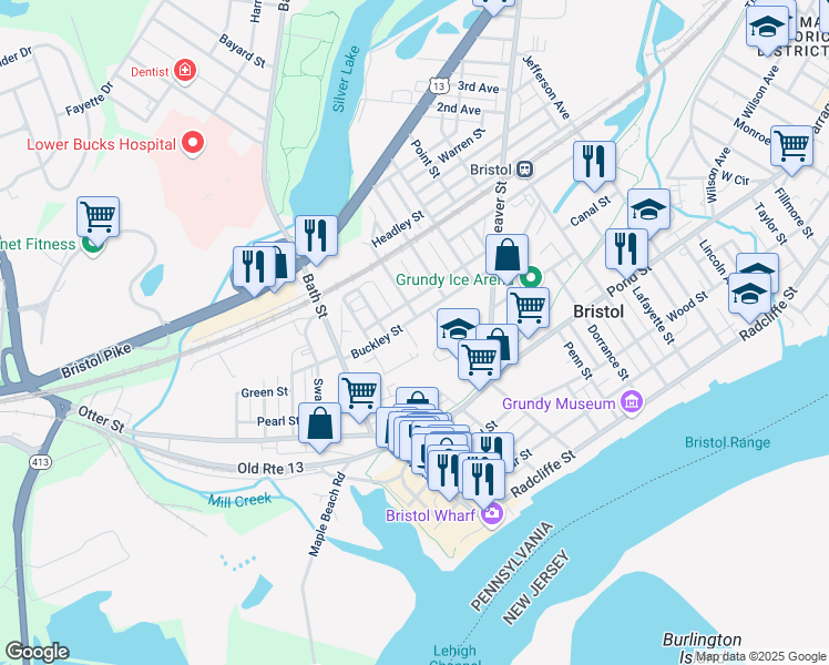 map of restaurants, bars, coffee shops, grocery stores, and more near 230 Buckley Street in Bristol