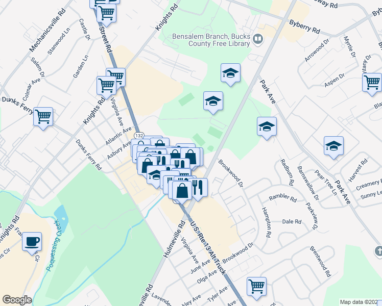 map of restaurants, bars, coffee shops, grocery stores, and more near 1981 Hansell Drive in Bensalem