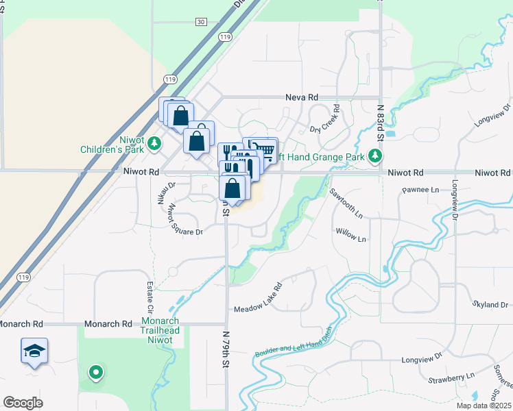 map of restaurants, bars, coffee shops, grocery stores, and more near 7960 Niwot Road in Longmont