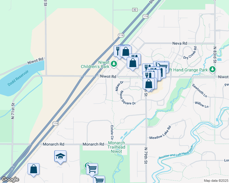 map of restaurants, bars, coffee shops, grocery stores, and more near 6894 Peppertree Drive in Longmont
