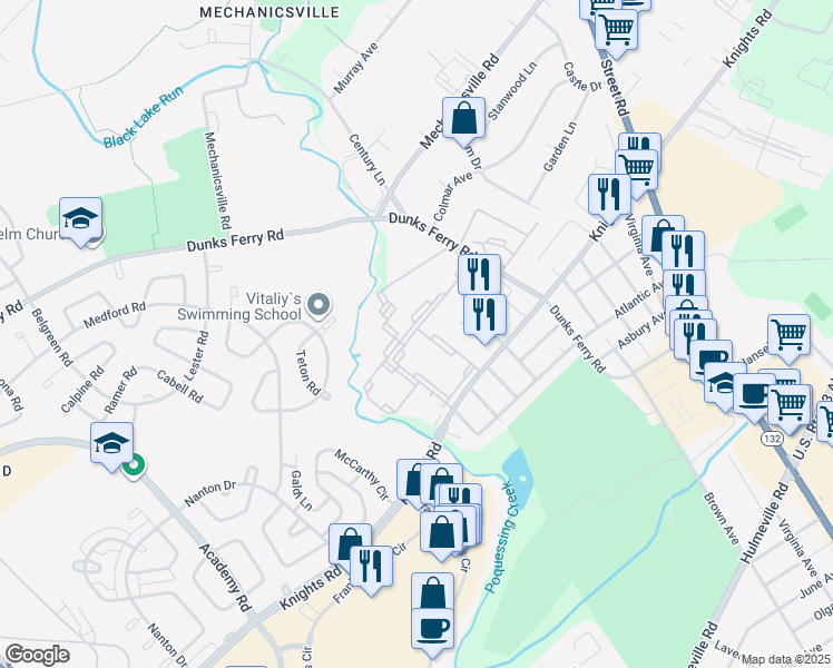 map of restaurants, bars, coffee shops, grocery stores, and more near 2500 Knights Road in Eddington