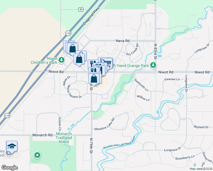 map of restaurants, bars, coffee shops, grocery stores, and more near 8050 Niwot Road in Niwot