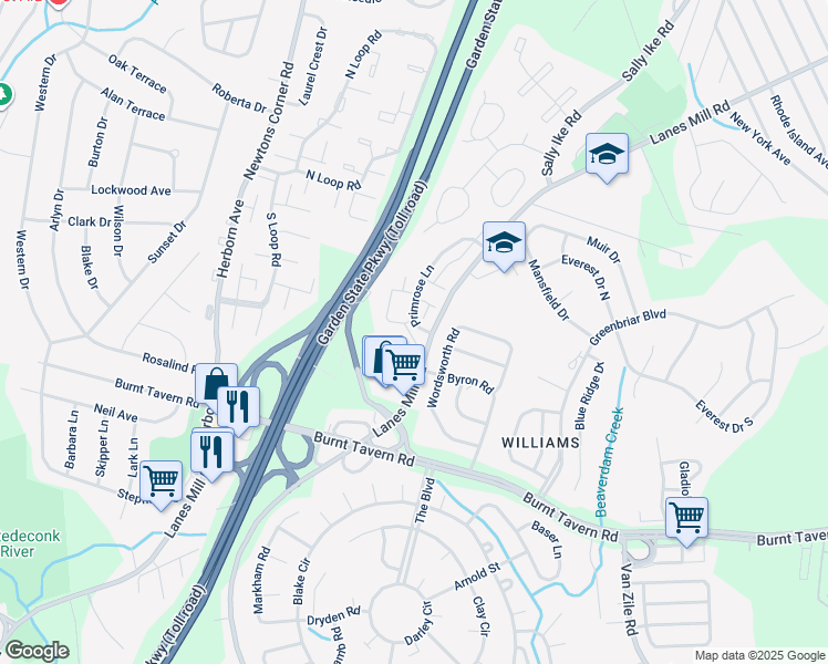 map of restaurants, bars, coffee shops, grocery stores, and more near 163 Primrose Lane in Brick Township