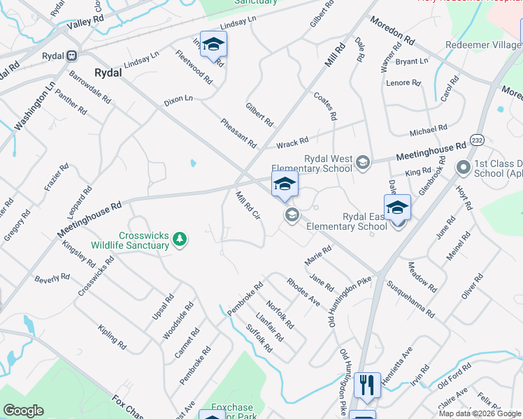map of restaurants, bars, coffee shops, grocery stores, and more near 1144 Mill Road Circle in Rydal