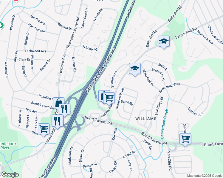 map of restaurants, bars, coffee shops, grocery stores, and more near 163 Primrose Lane in Brick Township