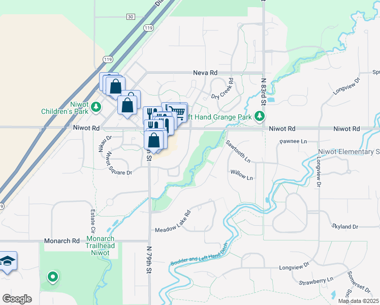 map of restaurants, bars, coffee shops, grocery stores, and more near 8060 Niwot Road in Niwot