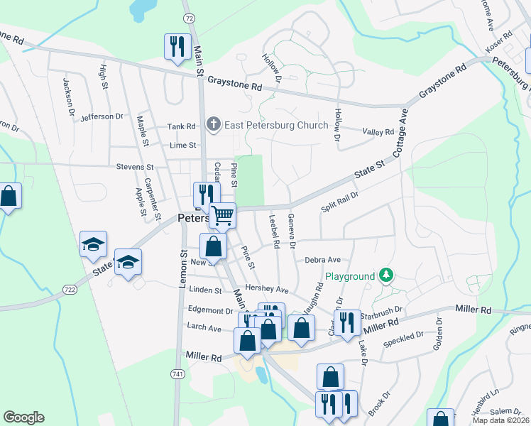 map of restaurants, bars, coffee shops, grocery stores, and more near 2200 State Street in East Petersburg