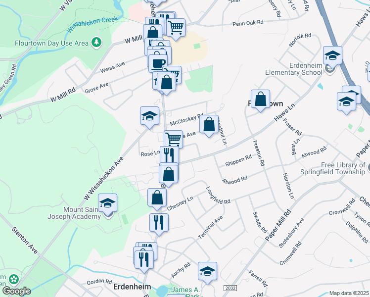 map of restaurants, bars, coffee shops, grocery stores, and more near 14 Franklin Avenue in Flourtown