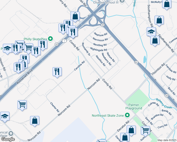 map of restaurants, bars, coffee shops, grocery stores, and more near 2800 Comly Road in Philadelphia