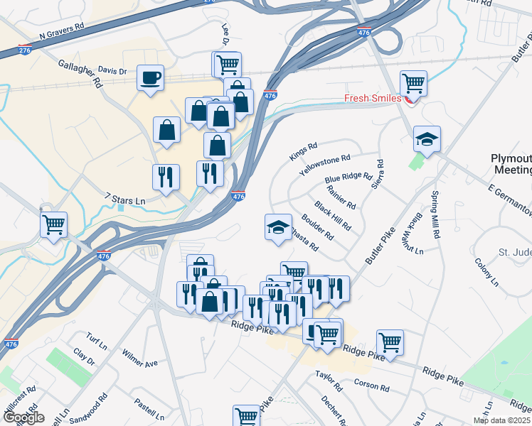 map of restaurants, bars, coffee shops, grocery stores, and more near 141 Shasta Road in Conshohocken