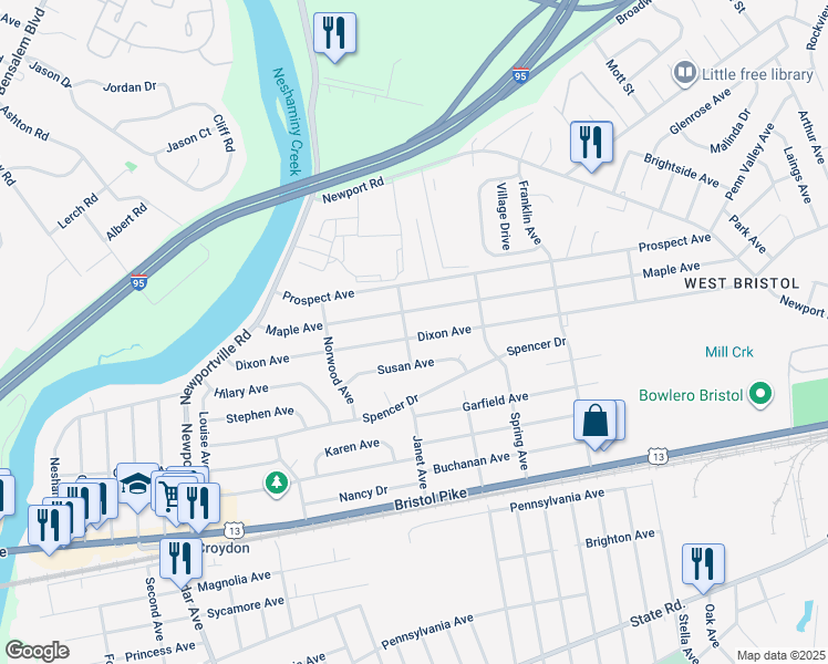map of restaurants, bars, coffee shops, grocery stores, and more near 1705 Dixon Avenue in Croydon