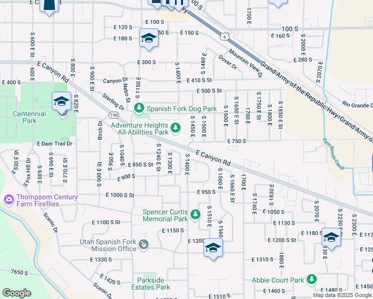 map of restaurants, bars, coffee shops, grocery stores, and more near 800 South 1400 East in Spanish Fork