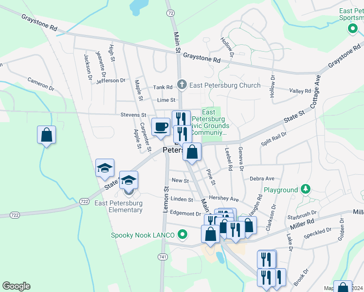 map of restaurants, bars, coffee shops, grocery stores, and more near in East Petersburg