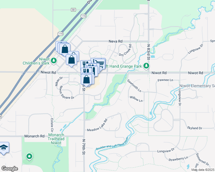 map of restaurants, bars, coffee shops, grocery stores, and more near 8060 Niwot Road in Longmont