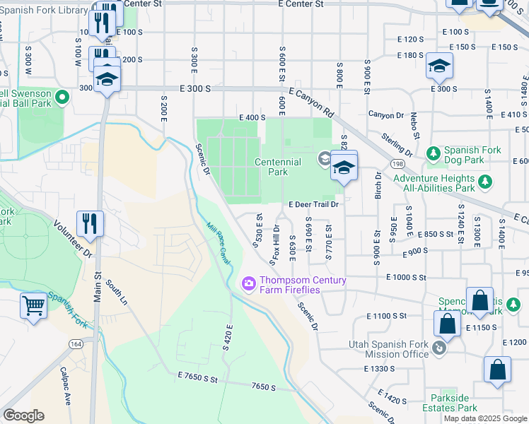 map of restaurants, bars, coffee shops, grocery stores, and more near 563 East Meadow Lark Lane in Spanish Fork