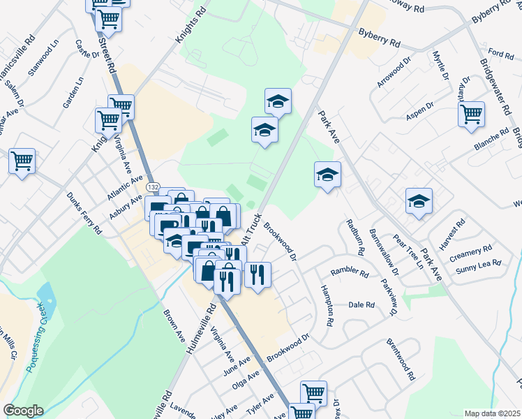 map of restaurants, bars, coffee shops, grocery stores, and more near 1919 Hansell Drive in Bensalem