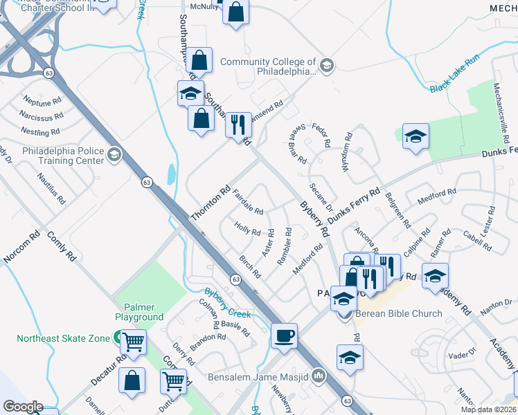 map of restaurants, bars, coffee shops, grocery stores, and more near 12216 Aster Road in Philadelphia