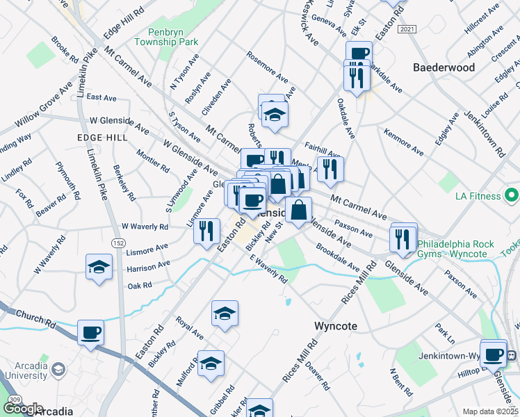 map of restaurants, bars, coffee shops, grocery stores, and more near in Glenside
