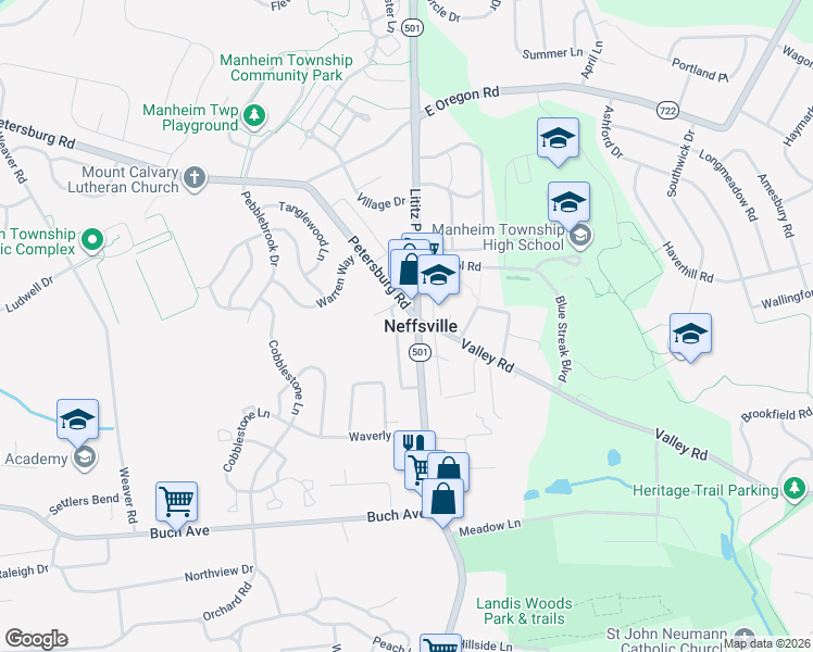 map of restaurants, bars, coffee shops, grocery stores, and more near 2672 Bantam Lane in Lancaster