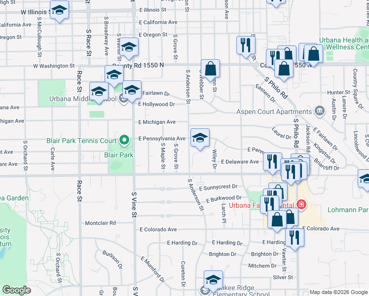 map of restaurants, bars, coffee shops, grocery stores, and more near 1501 South Anderson Street in Urbana