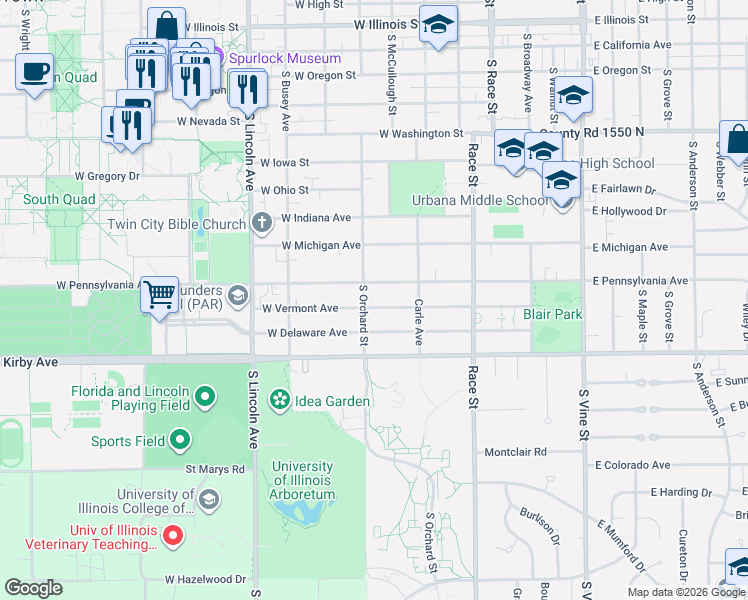 map of restaurants, bars, coffee shops, grocery stores, and more near 505 West Vermont Avenue in Urbana