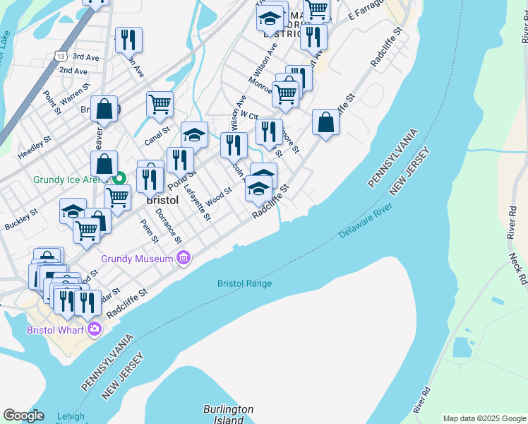 map of restaurants, bars, coffee shops, grocery stores, and more near 1036 Radcliffe Street in Bristol