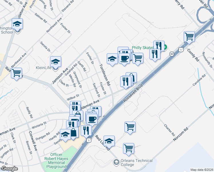 map of restaurants, bars, coffee shops, grocery stores, and more near 2015 Foster Street in Philadelphia