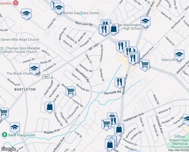 map of restaurants, bars, coffee shops, grocery stores, and more near 1173 Morefield Road in Philadelphia