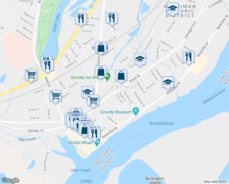 map of restaurants, bars, coffee shops, grocery stores, and more near 493 Pond St in Bristol