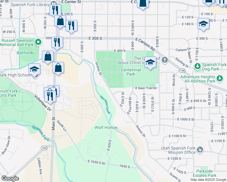 map of restaurants, bars, coffee shops, grocery stores, and more near 457 East 720 South in Spanish Fork