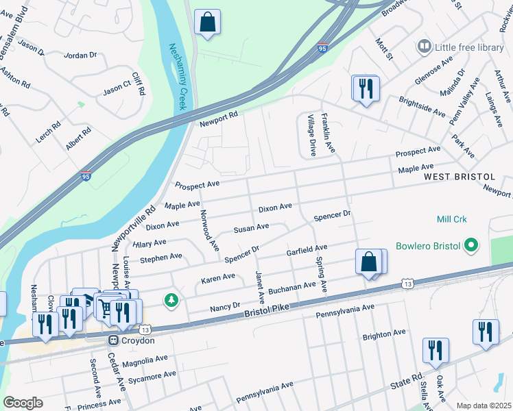 map of restaurants, bars, coffee shops, grocery stores, and more near 1705 Dixon Avenue in Croydon