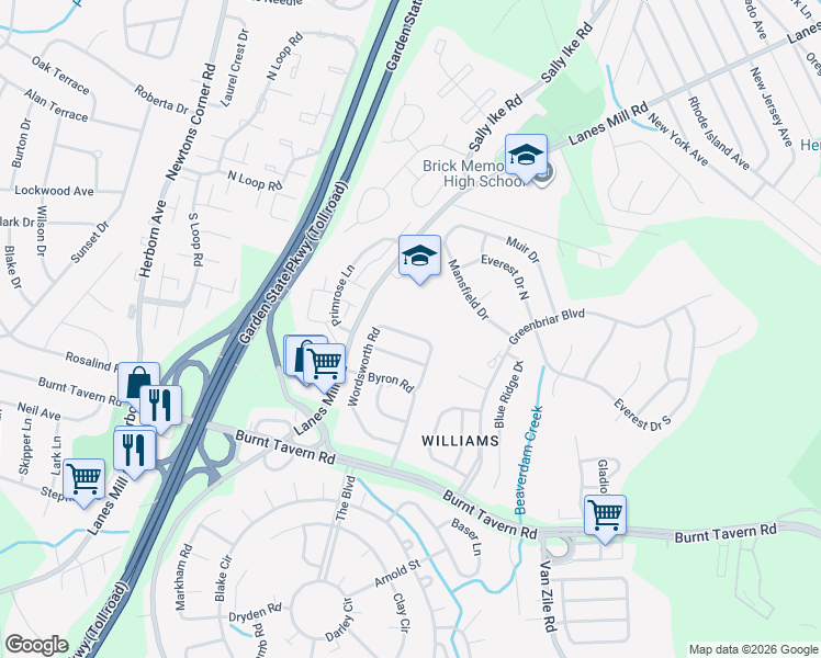 map of restaurants, bars, coffee shops, grocery stores, and more near 14 Shelley Road in Brick Township