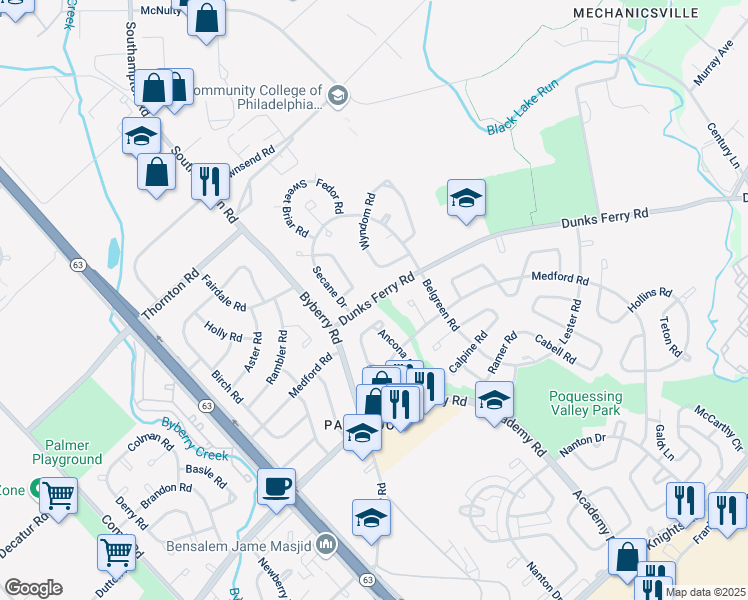 map of restaurants, bars, coffee shops, grocery stores, and more near 12349 Dunks Ferry Road in Philadelphia