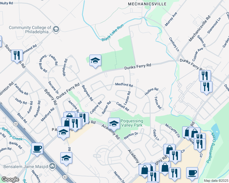 map of restaurants, bars, coffee shops, grocery stores, and more near 12712 Kenny Road in Philadelphia