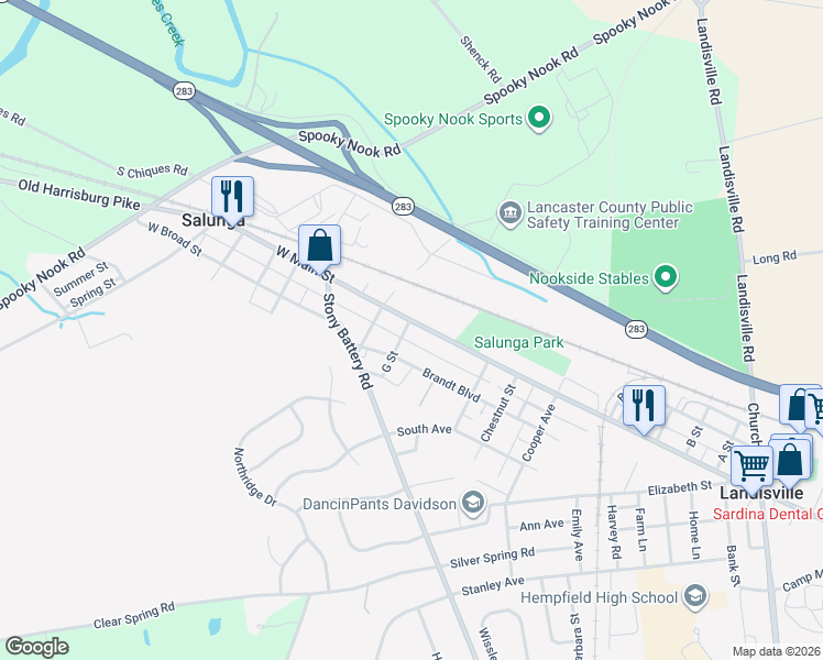 map of restaurants, bars, coffee shops, grocery stores, and more near 26 Main Street in Salunga-Landisville
