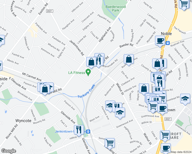 map of restaurants, bars, coffee shops, grocery stores, and more near 397 Stewart Avenue in Jenkintown