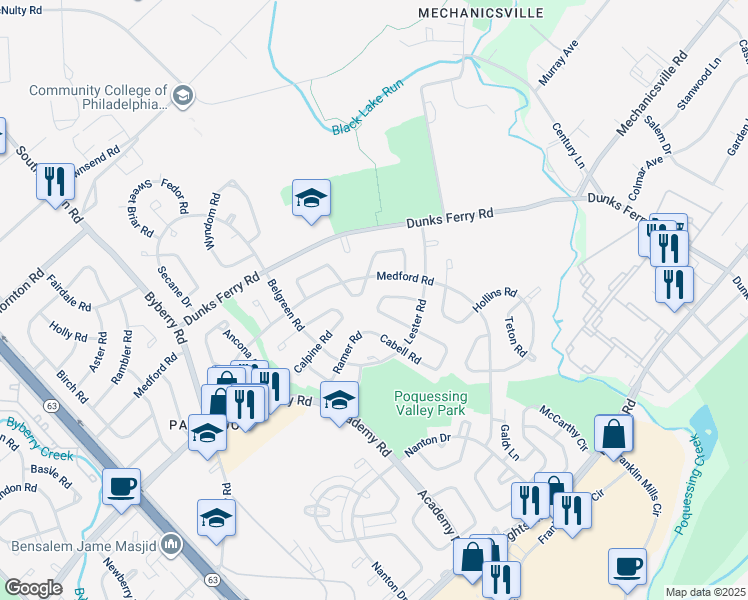 map of restaurants, bars, coffee shops, grocery stores, and more near 12712 Kenny Road in Philadelphia
