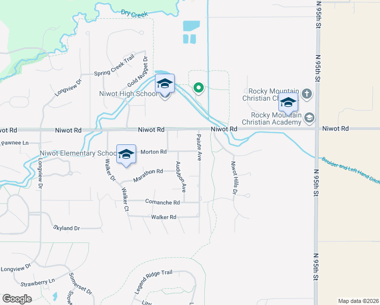map of restaurants, bars, coffee shops, grocery stores, and more near 9046 Morton Road in Longmont