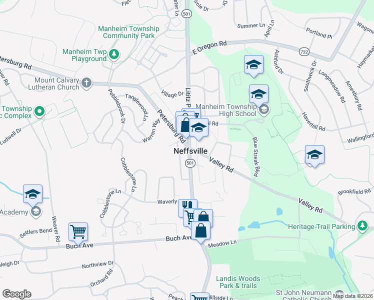 map of restaurants, bars, coffee shops, grocery stores, and more near 2665 Lititz Pike in Lancaster