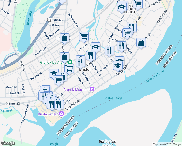 map of restaurants, bars, coffee shops, grocery stores, and more near 329 Washington St in Bristol